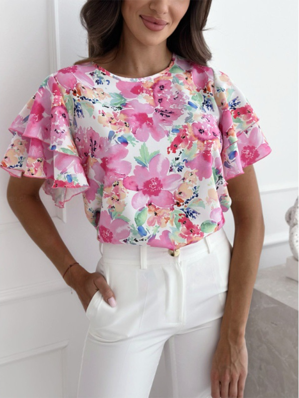 Kylara Summer Printed Ruffle Sleeves, Round Neck, Simple Short-Sleeved Tops