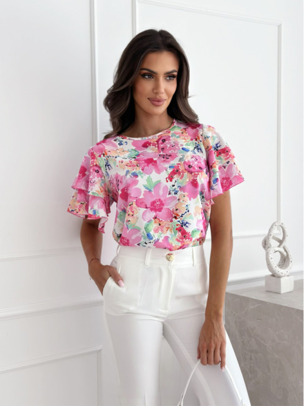 Kylara Summer Printed Ruffle Sleeves, Round Neck, Simple Short-Sleeved Tops