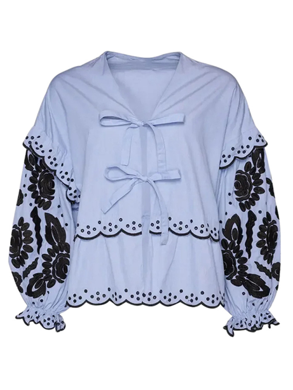 Klara New Fashionable Casual V-Neck Lace-Up Lantern Sleeve Shirt