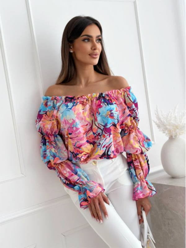 Thalassa Women's One-Shoulder Printed Lantern Sleeve Shirt Top