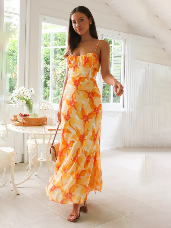 Hannah Fresh and Sweet Summer Floral Print Backless Midi Casual Dress