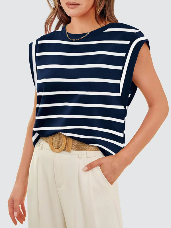 Tara New Round Neck Loose Short Sleeve T-Shirt Striped Top