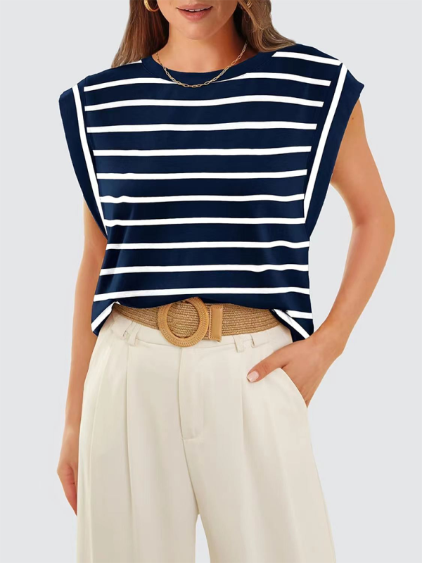 Tara New Round Neck Loose Short Sleeve T-Shirt Striped Top