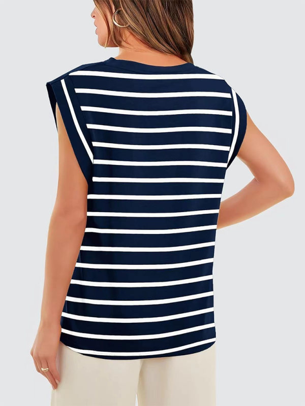 Tara New Round Neck Loose Short Sleeve T-Shirt Striped Top