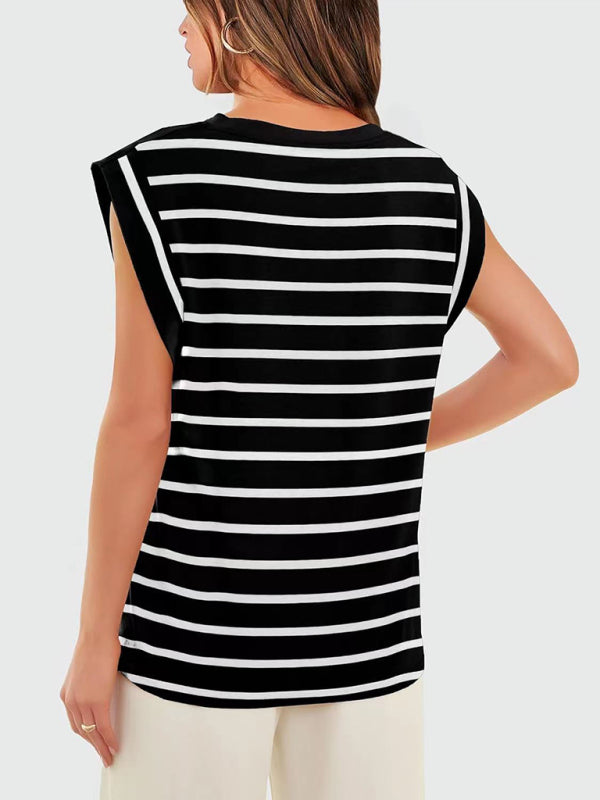 Tara New Round Neck Loose Short Sleeve T-Shirt Striped Top