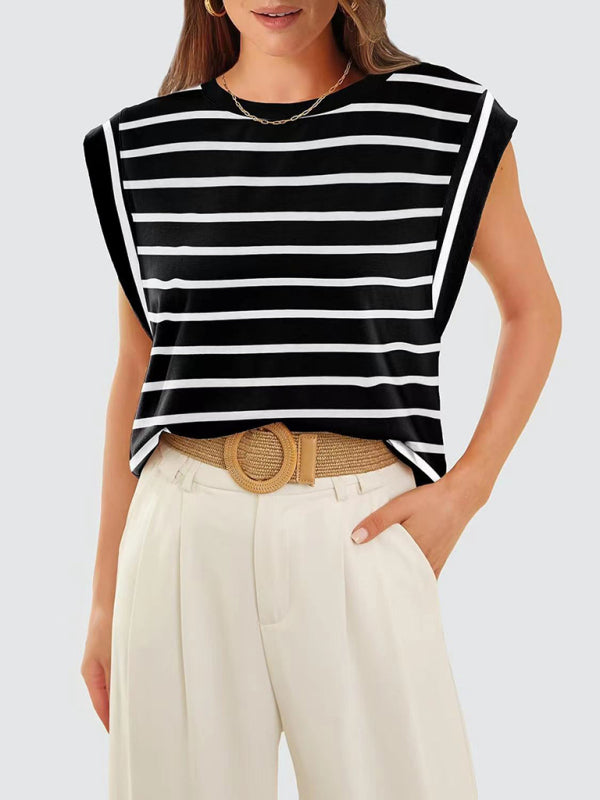 Tara New Round Neck Loose Short Sleeve T-Shirt Striped Top