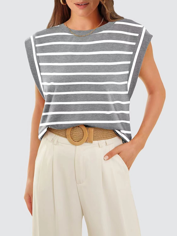 Tara New Round Neck Loose Short Sleeve T-Shirt Striped Top