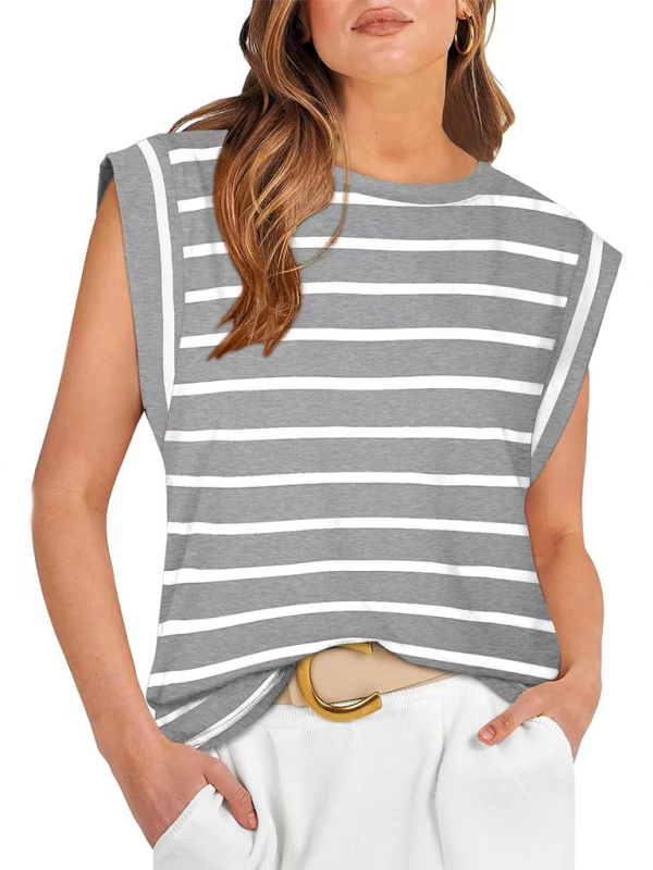 Tara New Round Neck Loose Short Sleeve T-Shirt Striped Top