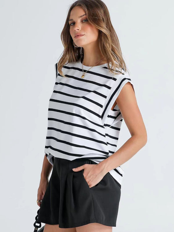 Tara New Round Neck Loose Short Sleeve T-Shirt Striped Top