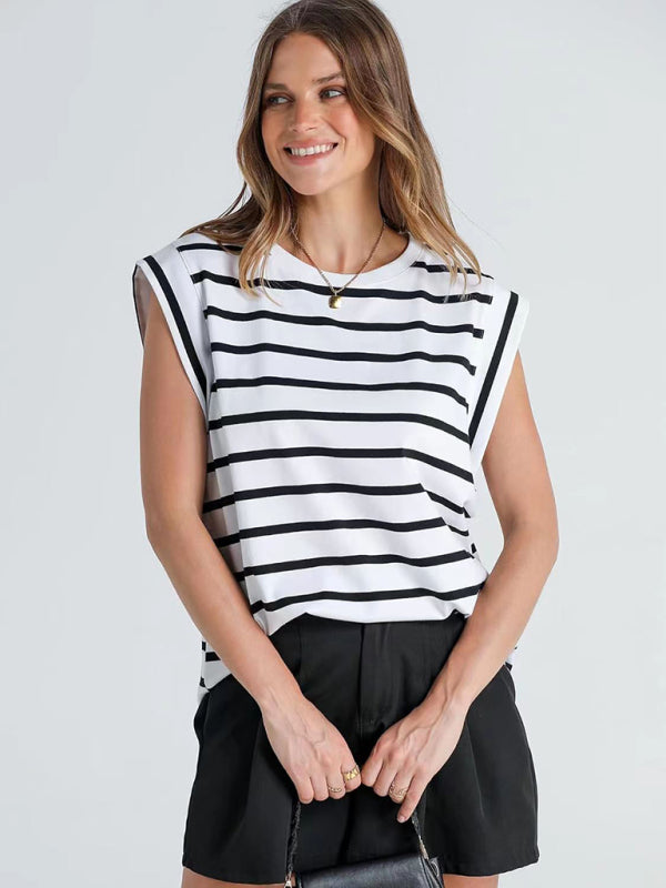 Tara New Round Neck Loose Short Sleeve T-Shirt Striped Top