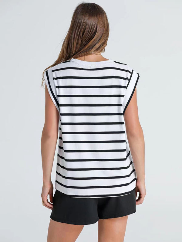 Tara New Round Neck Loose Short Sleeve T-Shirt Striped Top