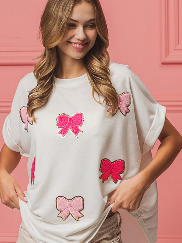 Patricia New Short-Sleeved Bow Sequin Embroidered Top