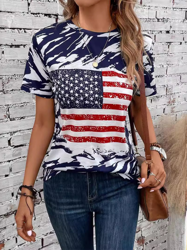 Mia New American Independence Day Women's Flag Printed Round Neck Casual Short Sleeve T-Shirt