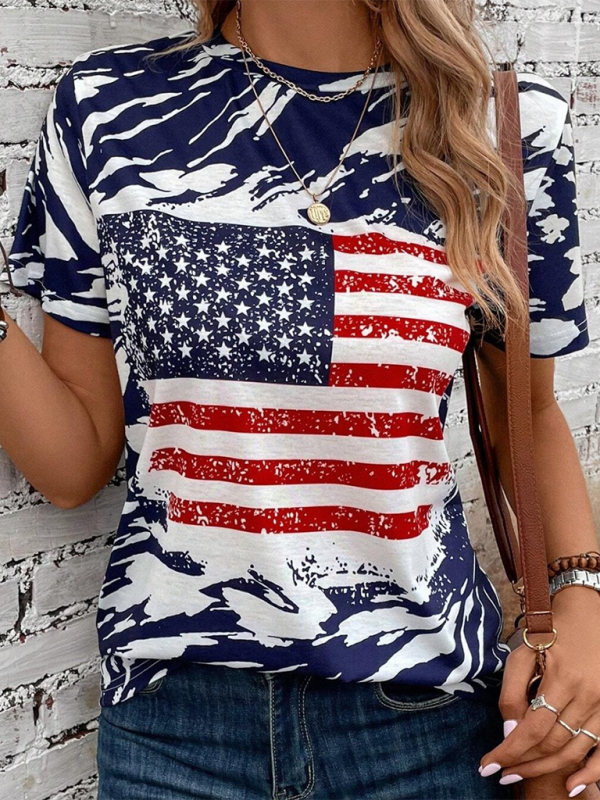 Mia New American Independence Day Women's Flag Printed Round Neck Casual Short Sleeve T-Shirt