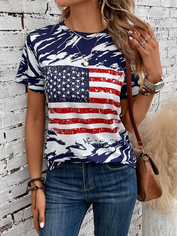 Mia New American Independence Day Women's Flag Printed Round Neck Casual Short Sleeve T-Shirt