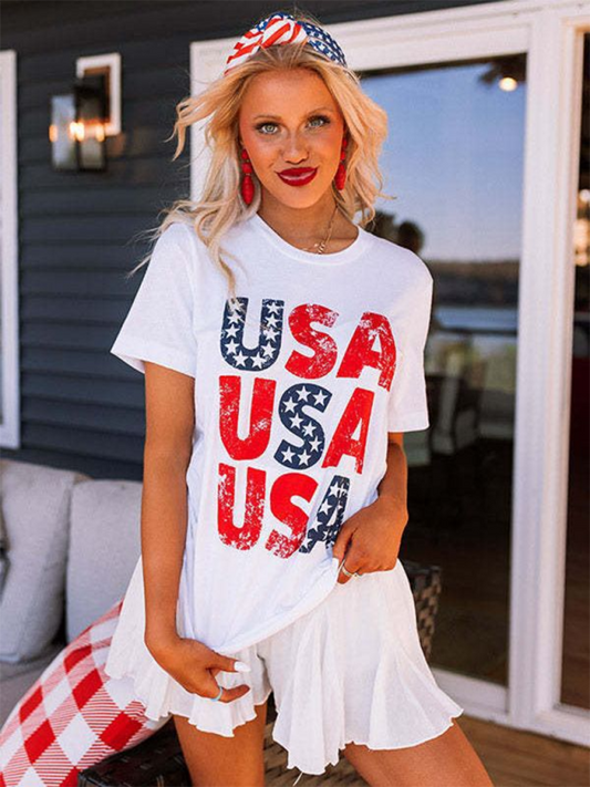 Jacqueline New Independence Day Loose Casual USA Printed Short-Sleeved T-Shirt