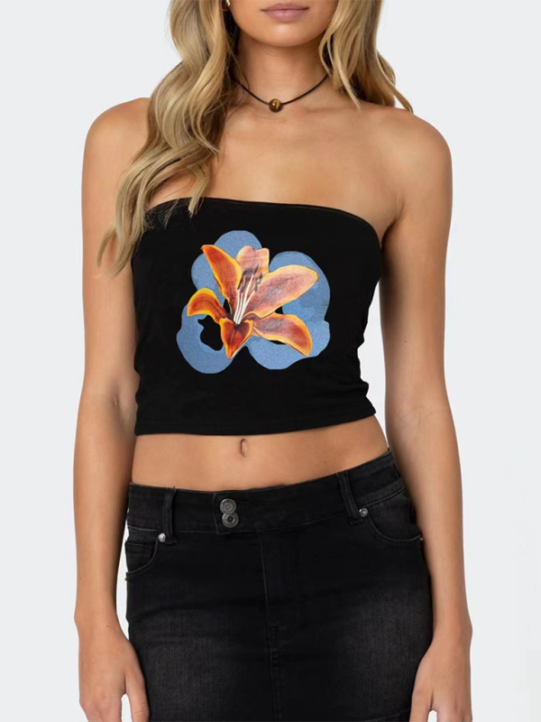 Kendall Women's Personality Street Flower Print Sexy Belly-Baring Top