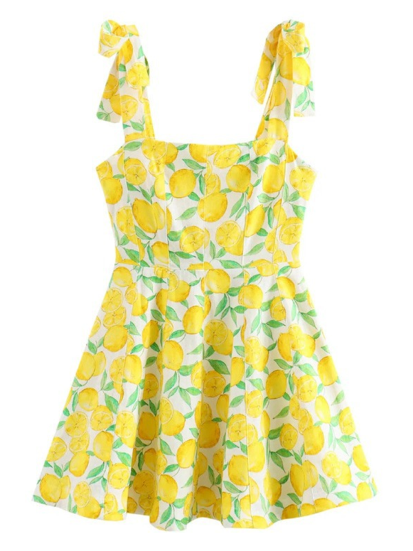 Hazel New Fashion Lemon Print Suspender Summer Casual Dress