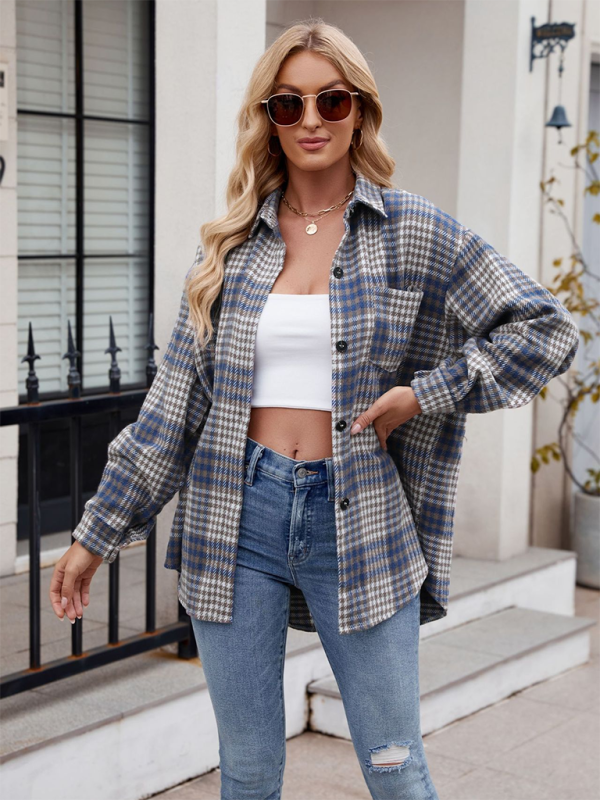 Lainey New Casual Fashion Houndstooth Button Flannel Tweed Shirt