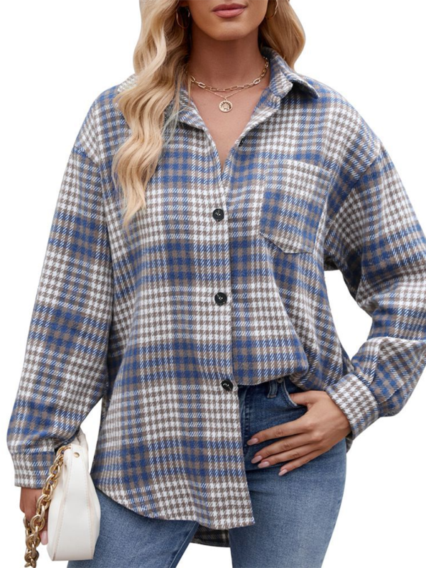 Lainey New Casual Fashion Houndstooth Button Flannel Tweed Shirt