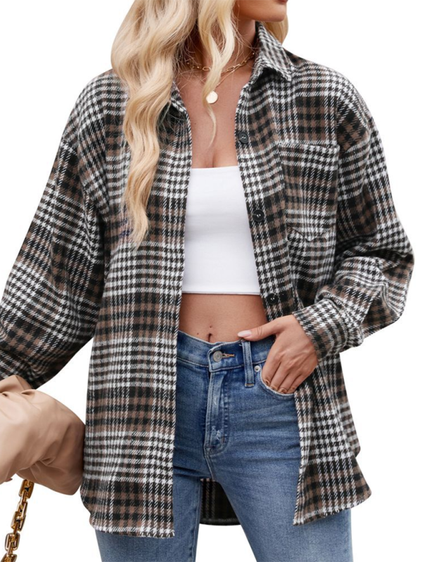 Lainey New Casual Fashion Houndstooth Button Flannel Tweed Shirt