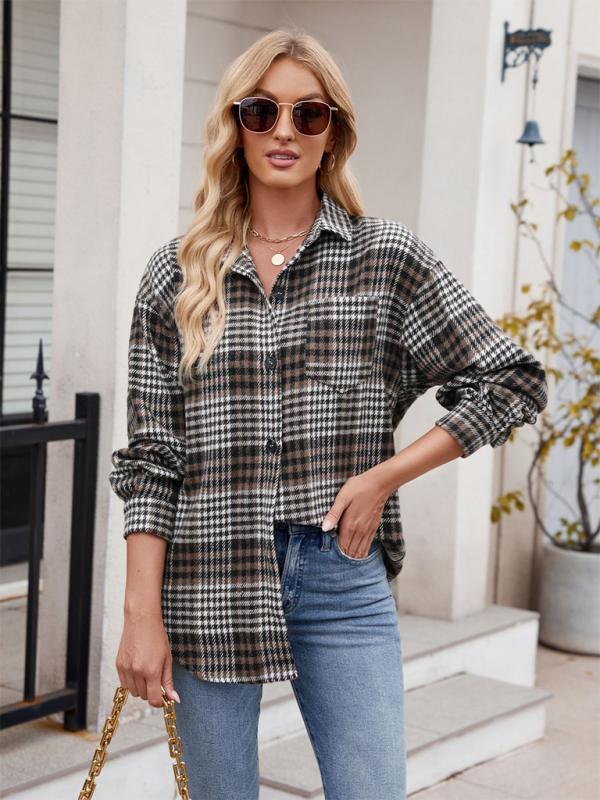 Lainey New Casual Fashion Houndstooth Button Flannel Tweed Shirt