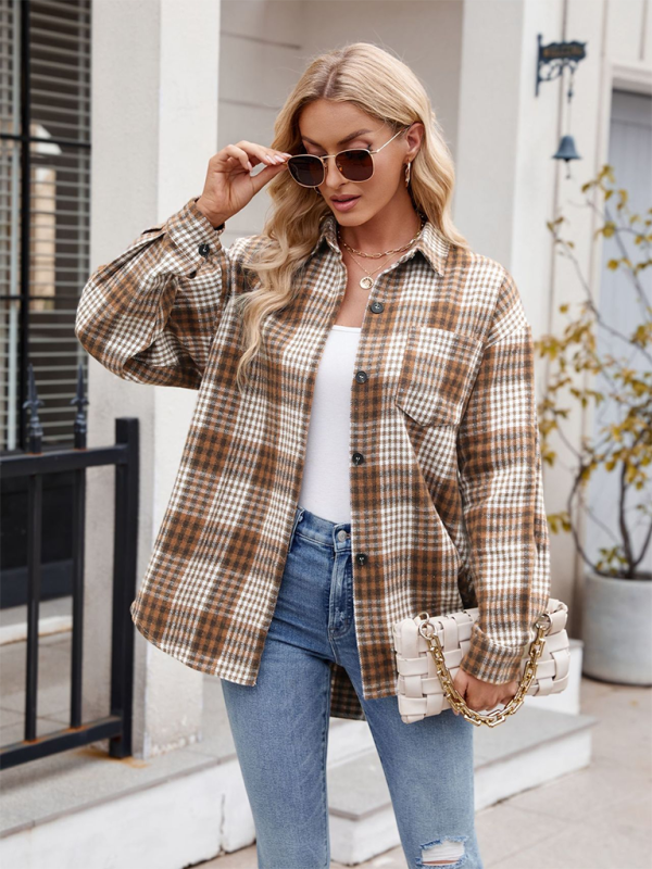 Lainey New Casual Fashion Houndstooth Button Flannel Tweed Shirt