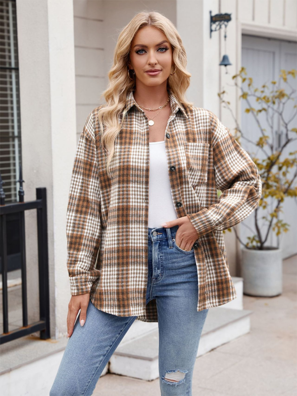 Lainey New Casual Fashion Houndstooth Button Flannel Tweed Shirt