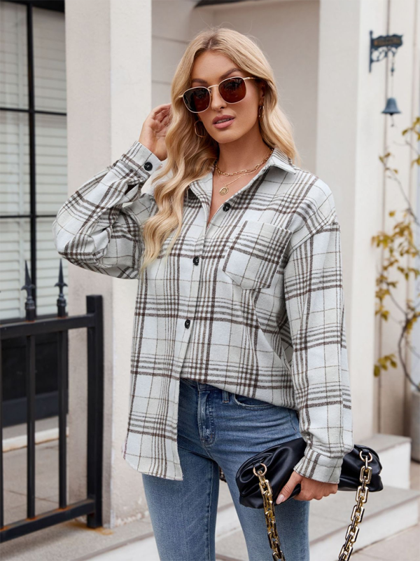 Lainey New Casual Fashion Houndstooth Button Flannel Tweed Shirt