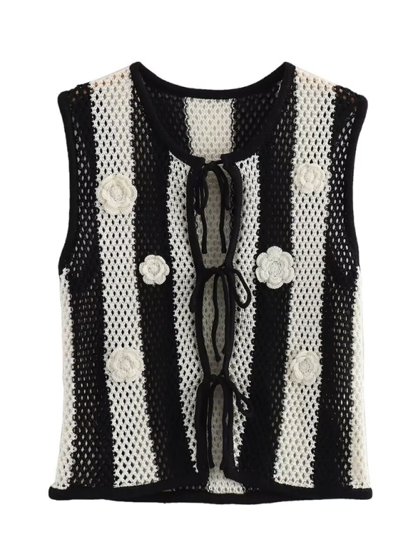 Stella New Patchwork Hand-Appliqué Lace-Up Knitted Vest