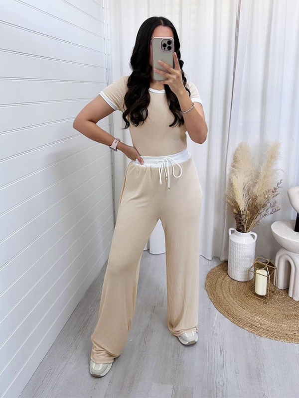 Oaklyn Women's Round Neck Contrast Color Short Sleeve Fashion Casual Wide Leg Pants Sports Suit