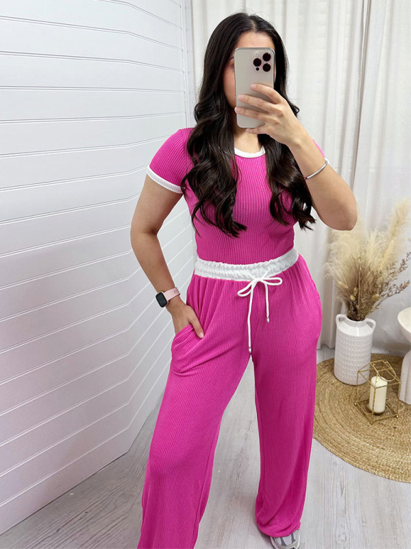 Oaklyn Women's Round Neck Contrast Color Short Sleeve Fashion Casual Wide Leg Pants Sports Suit