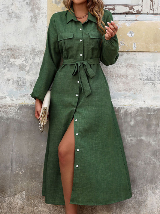 Chloe New Lapel Green Long Sleeve Solid Color Casual Dress