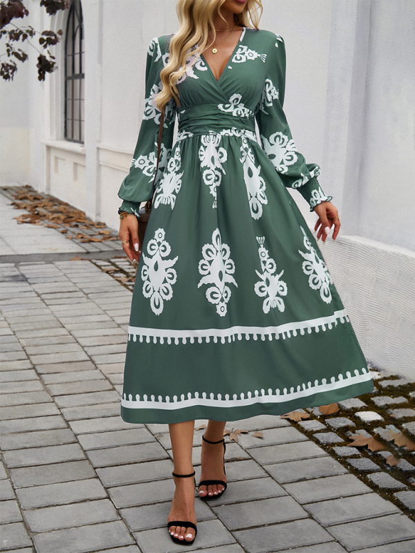 Lakelyn Contrast Color Print Elegant V-Neck Long Sleeve Dress