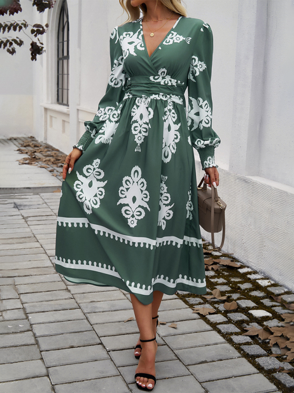 Lakelyn Contrast Color Print Elegant V-Neck Long Sleeve Dress