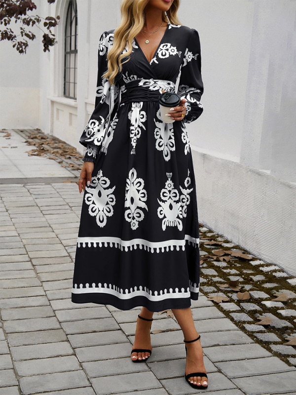 Lakelyn Contrast Color Print Elegant V-Neck Long Sleeve Dress