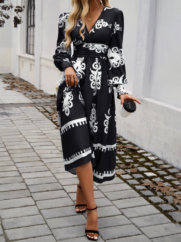 Lakelyn Contrast Color Print Elegant V-Neck Long Sleeve Dress