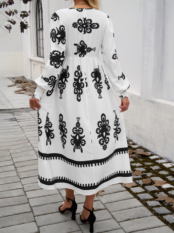 Lakelyn Contrast Color Print Elegant V-Neck Long Sleeve Dress