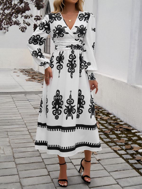 Lakelyn Contrast Color Print Elegant V-Neck Long Sleeve Dress