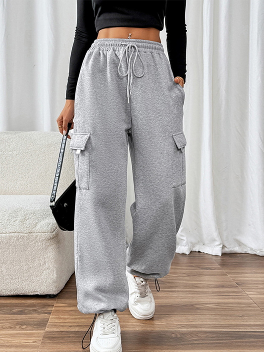 Xyla Casual Elastic High Waist Patchwork Pocket Straight Pants