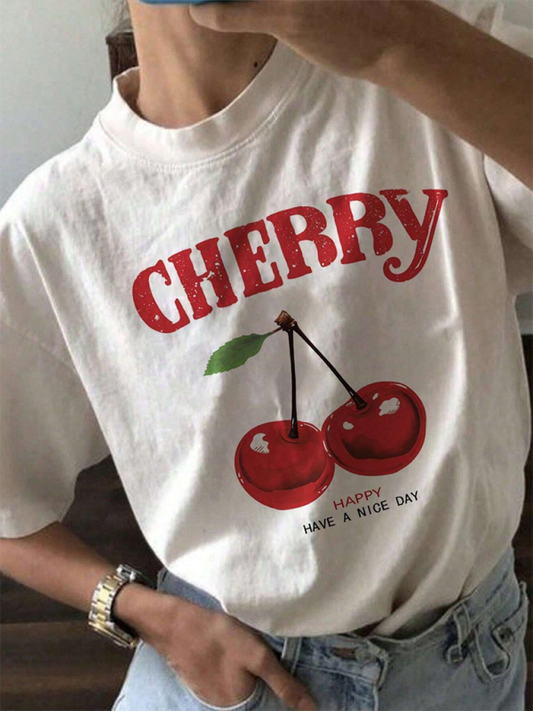 Alyssa Oversized Cherry Print Casual Simple Loose Versatile White Round Neck Short-Sleeved T-shirt