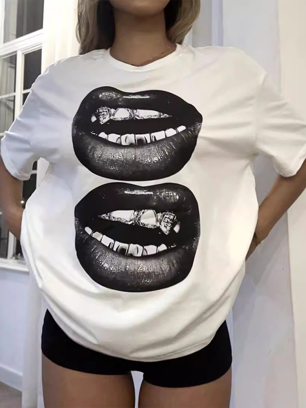 Elizabeth New Fashion Lip Printed Round Neck Short Sleeve T-Shirt