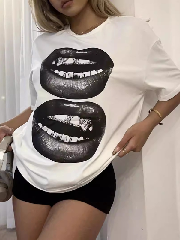 Elizabeth New Fashion Lip Printed Round Neck Short Sleeve T-Shirt