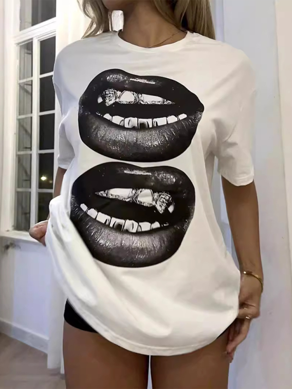 Elizabeth New Fashion Lip Printed Round Neck Short Sleeve T-Shirt