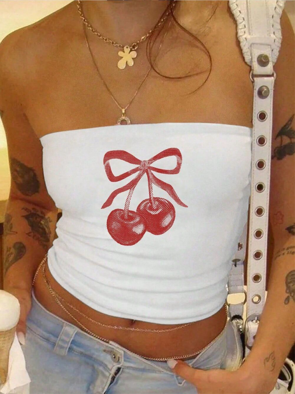 Keilani Sleeveless Tube Top With Cherry Print Y2K Top