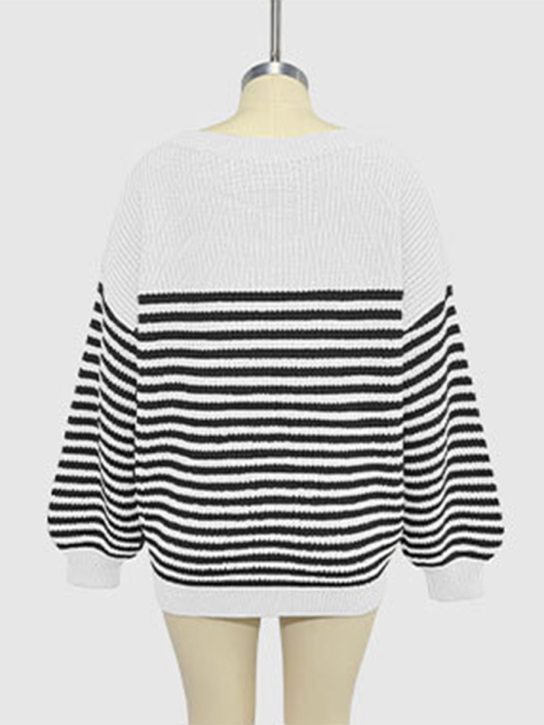 Paola Fashion Striped Color Block Knitted Long Sleeve Round Neck Sweater