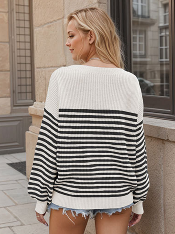 Paola Fashion Striped Color Block Knitted Long Sleeve Round Neck Sweater