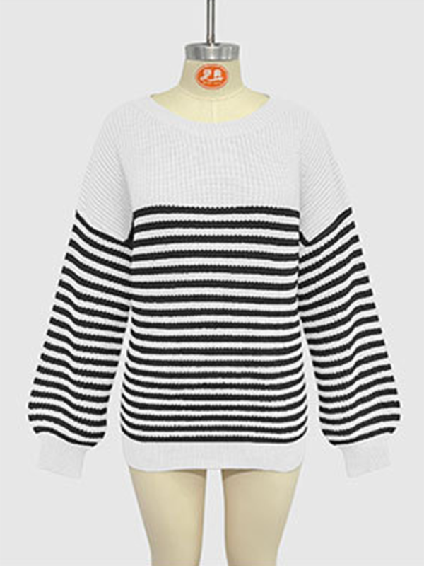 Paola Fashion Striped Color Block Knitted Long Sleeve Round Neck Sweater