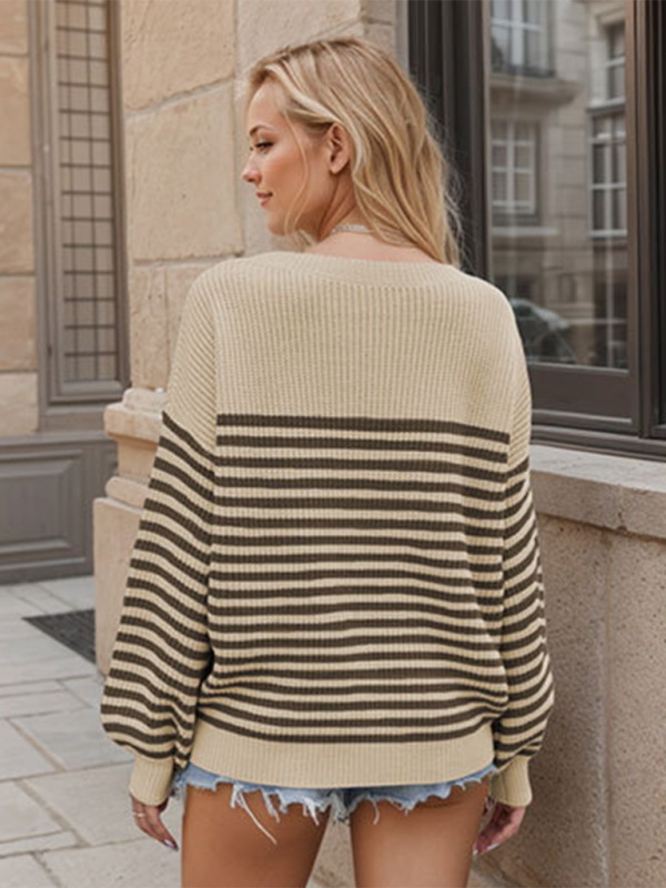 Paola Fashion Striped Color Block Knitted Long Sleeve Round Neck Sweater