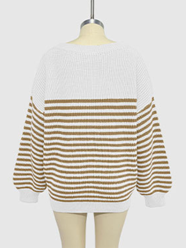 Paola Fashion Striped Color Block Knitted Long Sleeve Round Neck Sweater